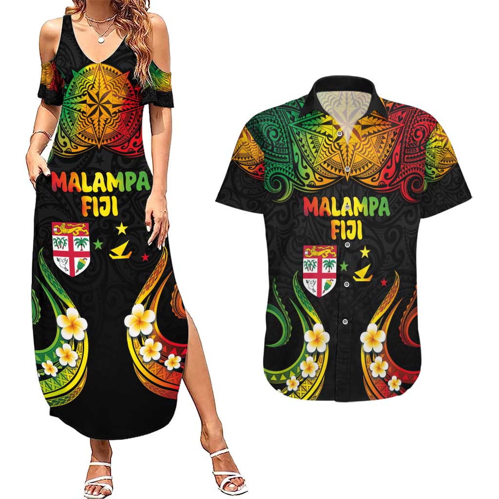 Personalised Malampa Fiji Day Couples Matching Summer Maxi Dress and Hawaiian Shirt Polynesian Tattoo and Plumeria Reggae Color