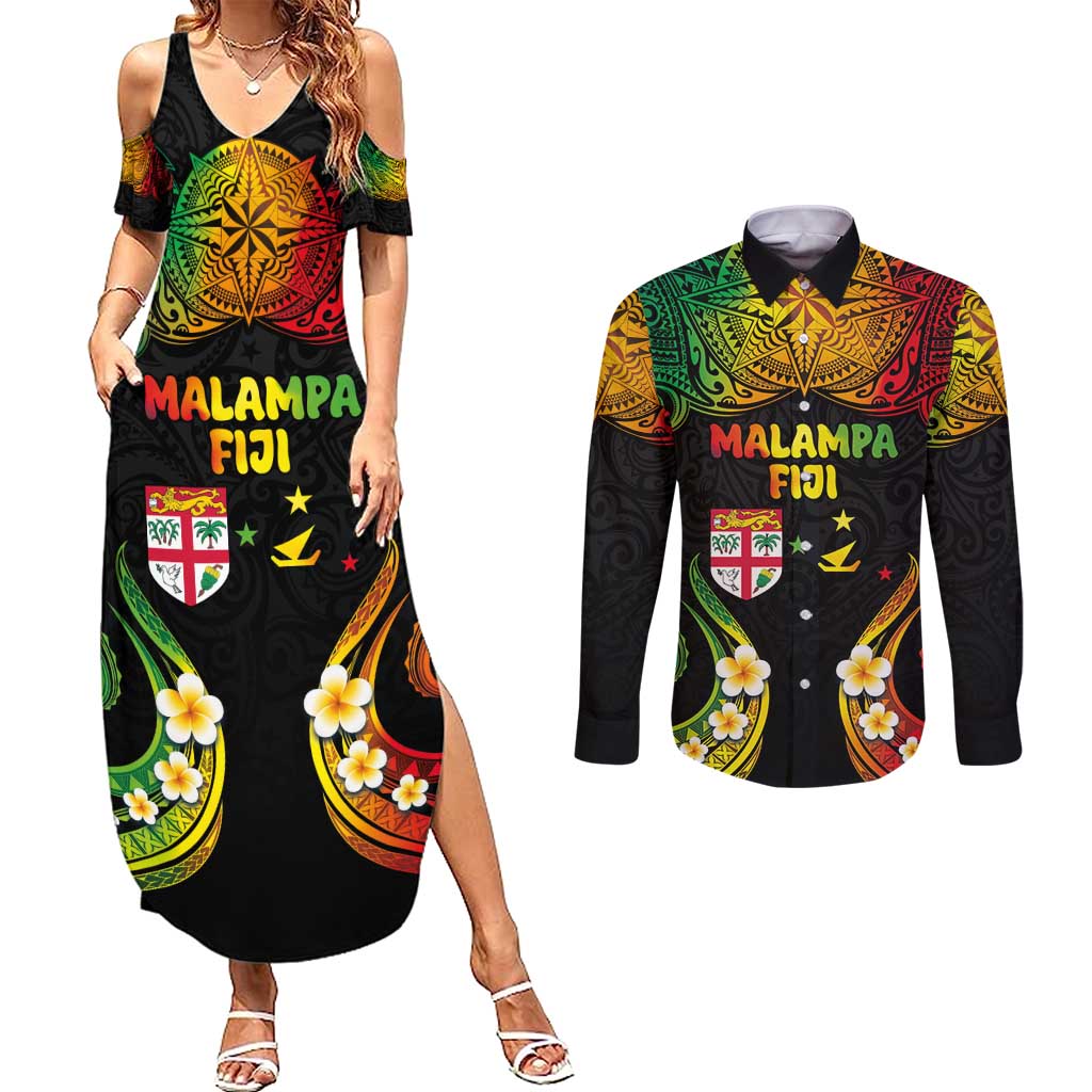 Personalised Malampa Fiji Day Couples Matching Summer Maxi Dress and Long Sleeve Button Shirt Polynesian Tattoo and Plumeria Reggae Color