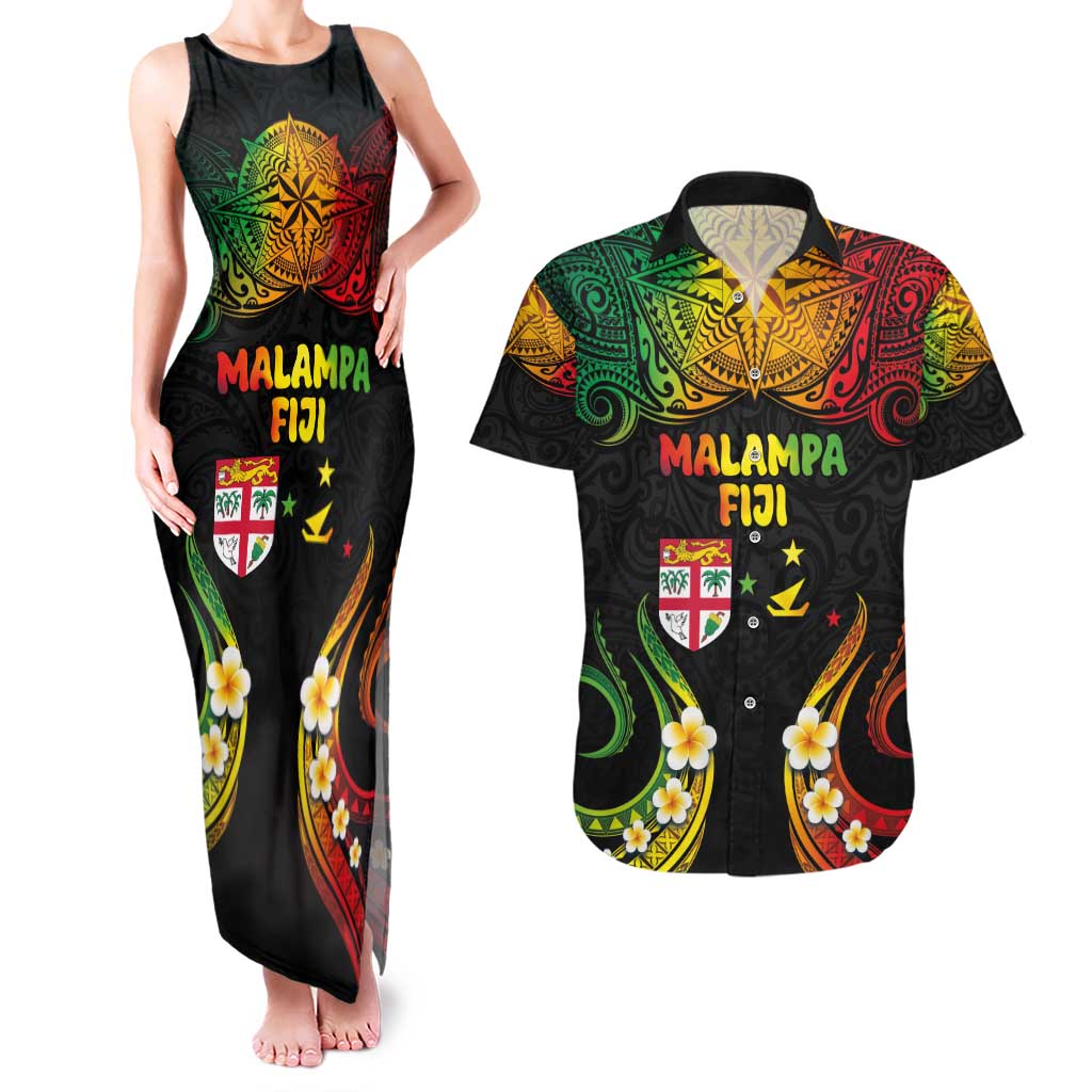 Personalised Malampa Fiji Day Couples Matching Tank Maxi Dress and Hawaiian Shirt Polynesian Tattoo and Plumeria Reggae Color