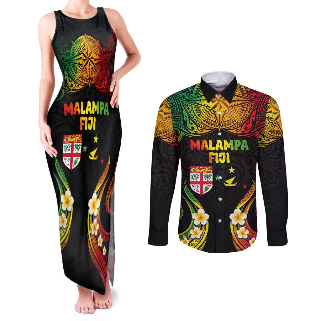 Personalised Malampa Fiji Day Couples Matching Tank Maxi Dress and Long Sleeve Button Shirt Polynesian Tattoo and Plumeria Reggae Color