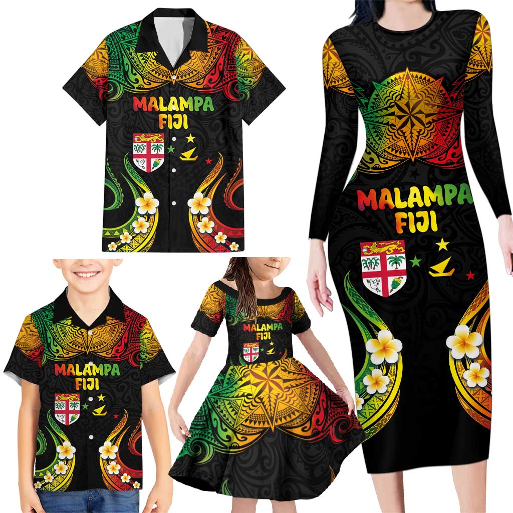 Personalised Malampa Fiji Day Family Matching Long Sleeve Bodycon Dress and Hawaiian Shirt Polynesian Tattoo and Plumeria Reggae Color