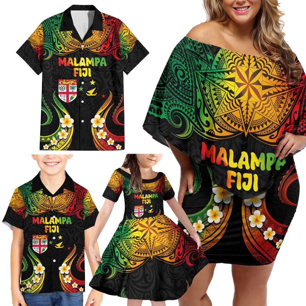 Personalised Malampa Fiji Day Family Matching Off Shoulder Short Dress and Hawaiian Shirt Polynesian Tattoo and Plumeria Reggae Color