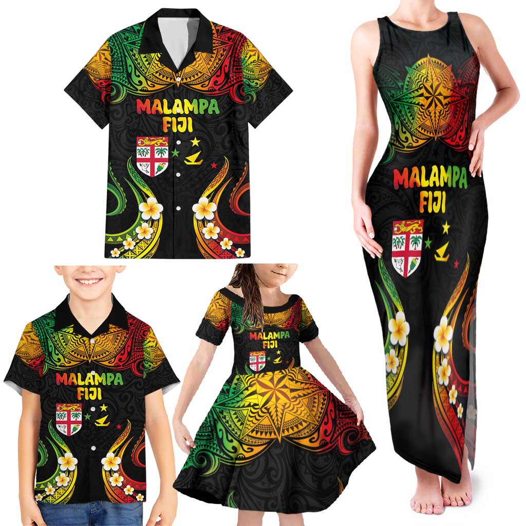 Personalised Malampa Fiji Day Family Matching Tank Maxi Dress and Hawaiian Shirt Polynesian Tattoo and Plumeria Reggae Color