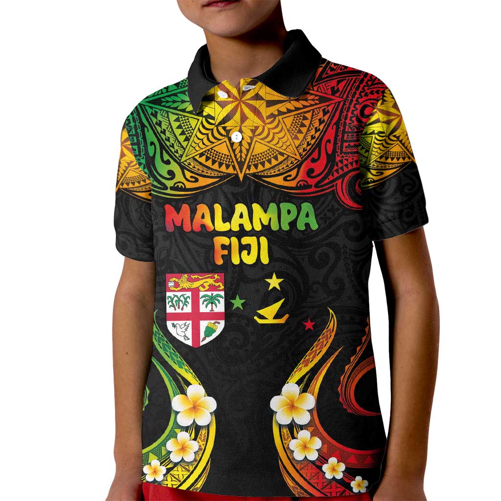 Personalised Malampa Fiji Day Kid Polo Shirt Polynesian Tattoo and Plumeria Reggae Color