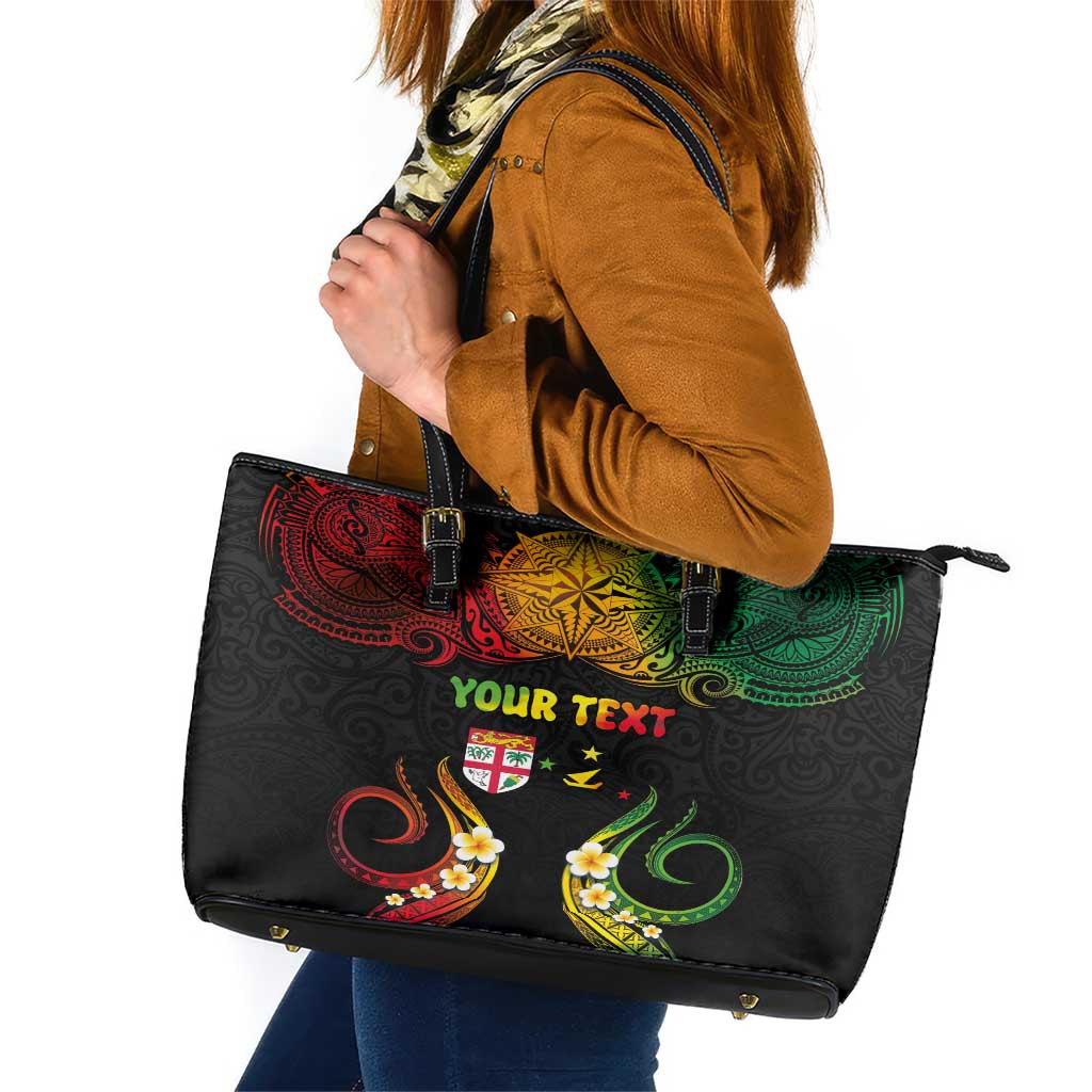 Personalised Malampa Fiji Day Leather Tote Bag Polynesian Tattoo and Plumeria Reggae Color