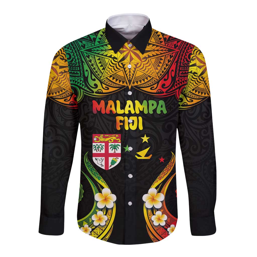 Personalised Malampa Fiji Day Long Sleeve Button Shirt Polynesian Tattoo and Plumeria Reggae Color