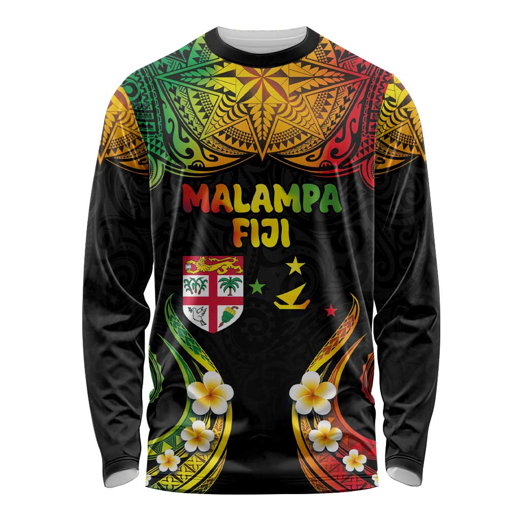 Personalised Malampa Fiji Day Long Sleeve Shirt Polynesian Tattoo and Plumeria Reggae Color