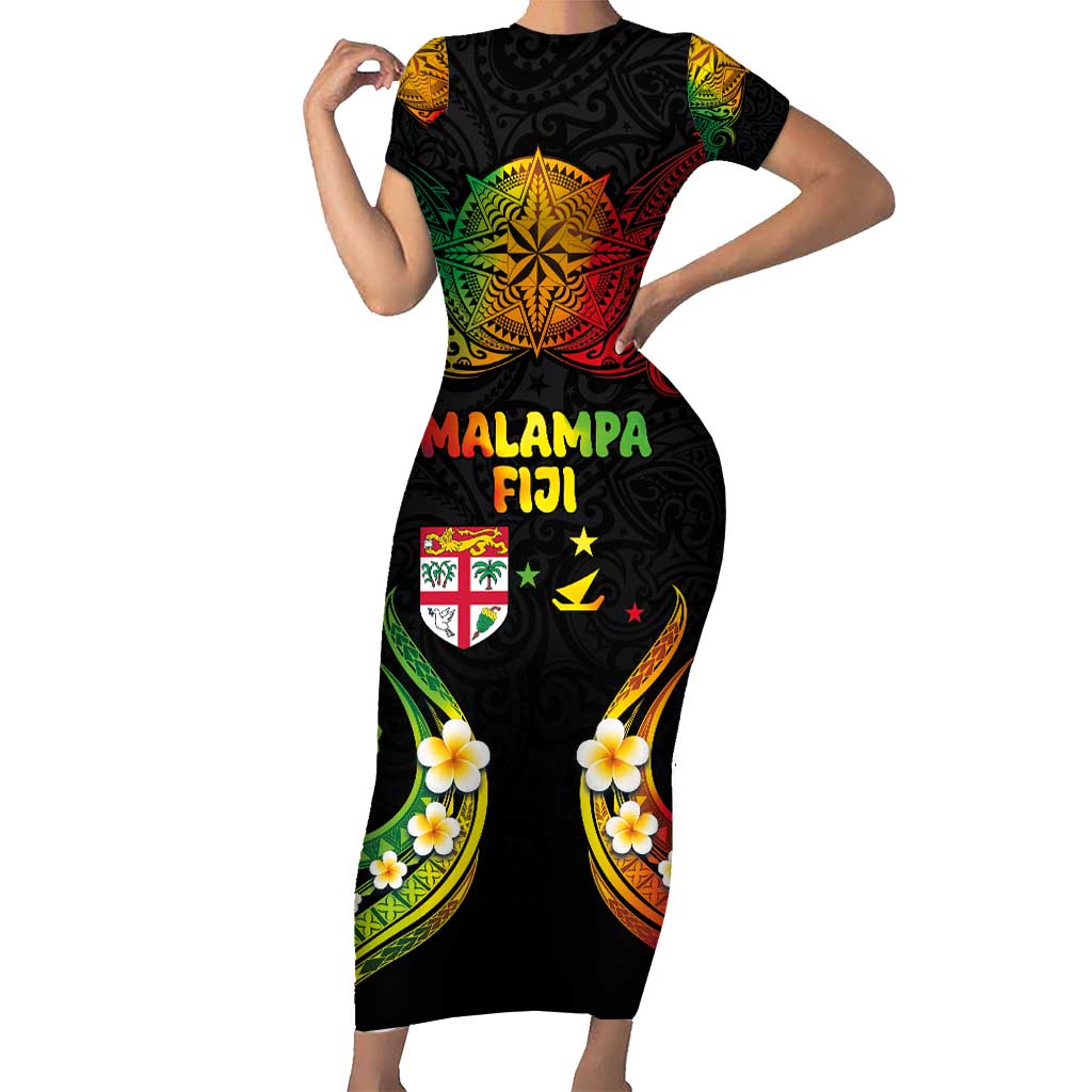 Personalised Malampa Fiji Day Short Sleeve Bodycon Dress Polynesian Tattoo and Plumeria Reggae Color