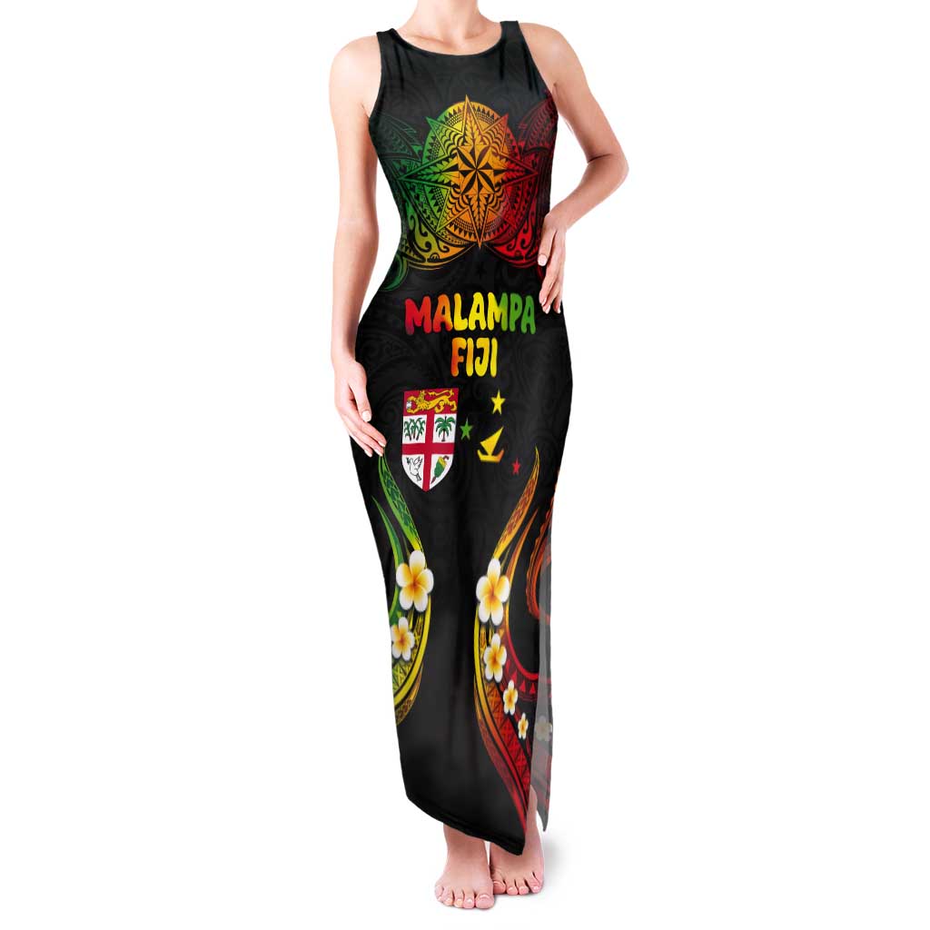 Personalised Malampa Fiji Day Tank Maxi Dress Polynesian Tattoo and Plumeria Reggae Color