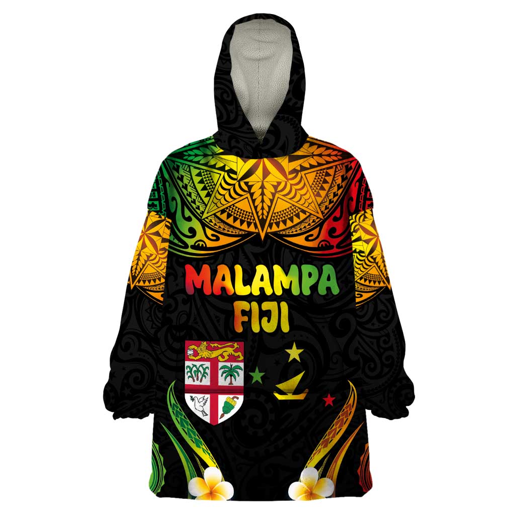 Personalised Malampa Fiji Day Wearable Blanket Hoodie Polynesian Tattoo and Plumeria Reggae Color