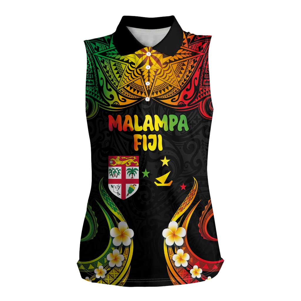 Personalised Malampa Fiji Day Women Sleeveless Polo Shirt Polynesian Tattoo and Plumeria Reggae Color