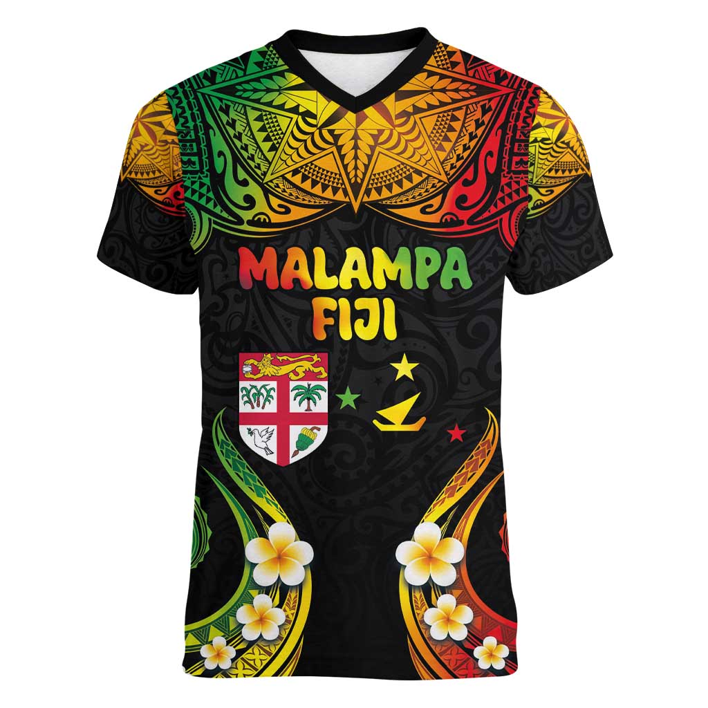 Personalised Malampa Fiji Day Women V-Neck T-Shirt Polynesian Tattoo and Plumeria Reggae Color