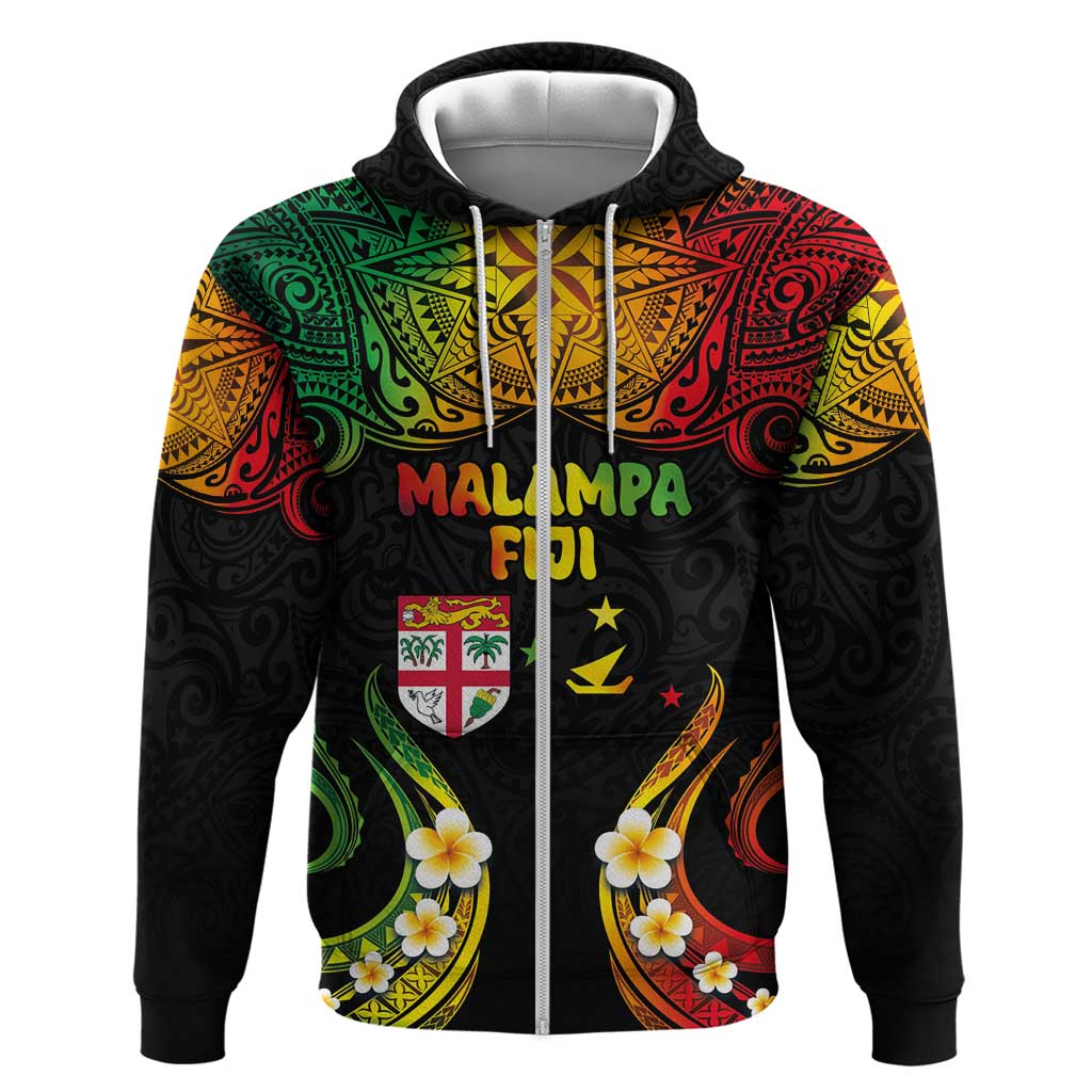 Personalised Malampa Fiji Day Zip Hoodie Polynesian Tattoo and Plumeria Reggae Color