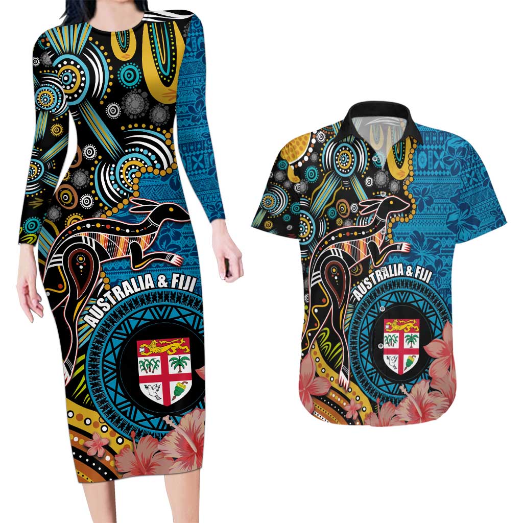 Fiji and Australia Kangaroos Couples Matching Long Sleeve Bodycon Dress and Hawaiian Shirt Indigenous Aboriginal and Fijian Masi Tribal Tattoo