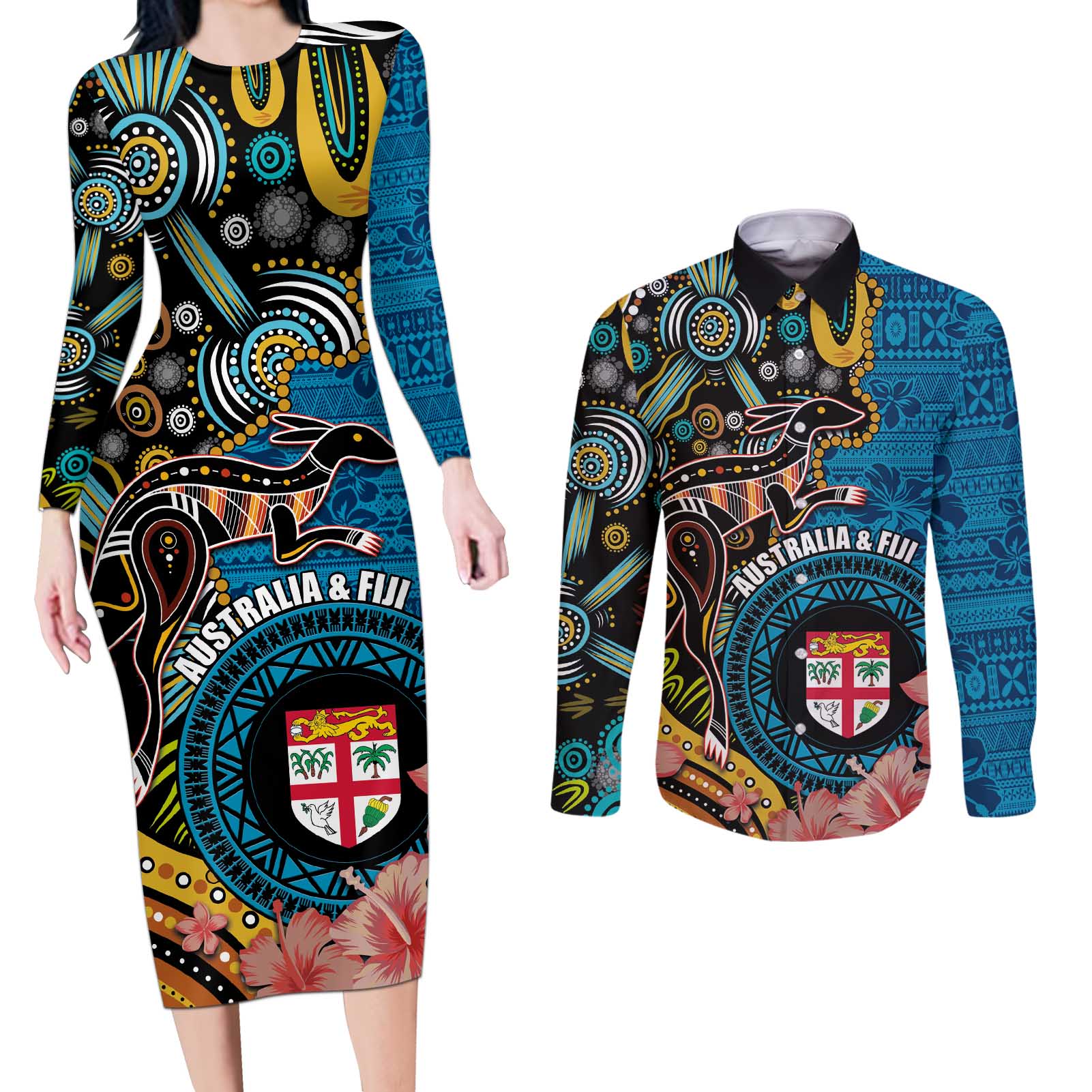 Fiji and Australia Kangaroos Couples Matching Long Sleeve Bodycon Dress and Long Sleeve Button Shirt Indigenous Aboriginal and Fijian Masi Tribal Tattoo