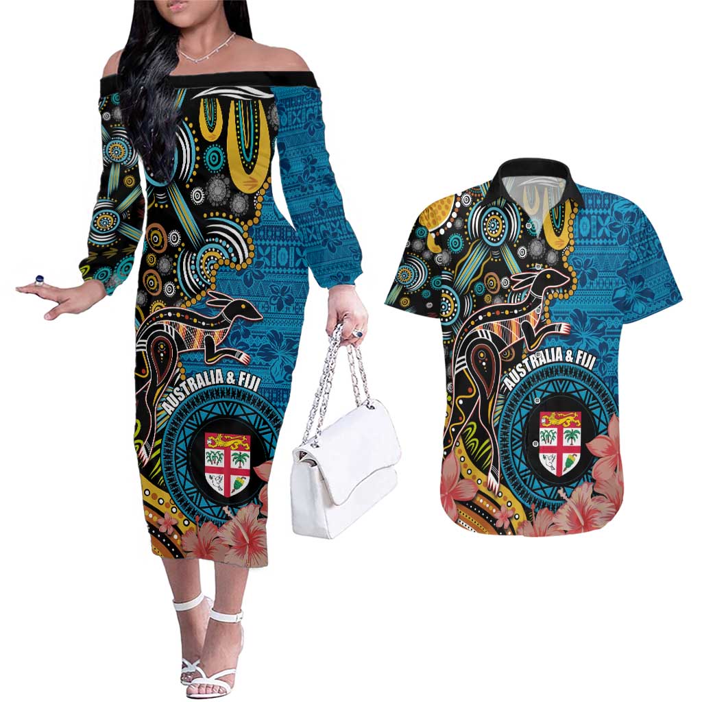 Fiji and Australia Kangaroos Couples Matching Off The Shoulder Long Sleeve Dress and Hawaiian Shirt Indigenous Aboriginal and Fijian Masi Tribal Tattoo