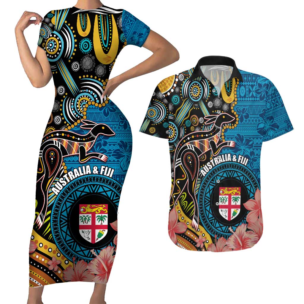 Fiji and Australia Kangaroos Couples Matching Short Sleeve Bodycon Dress and Hawaiian Shirt Indigenous Aboriginal and Fijian Masi Tribal Tattoo