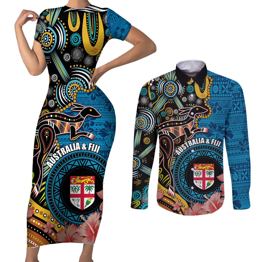 Fiji and Australia Kangaroos Couples Matching Short Sleeve Bodycon Dress and Long Sleeve Button Shirt Indigenous Aboriginal and Fijian Masi Tribal Tattoo