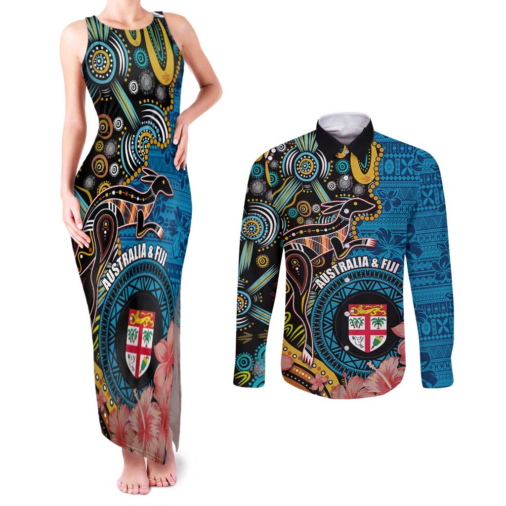 Fiji and Australia Kangaroos Couples Matching Tank Maxi Dress and Long Sleeve Button Shirt Indigenous Aboriginal and Fijian Masi Tribal Tattoo