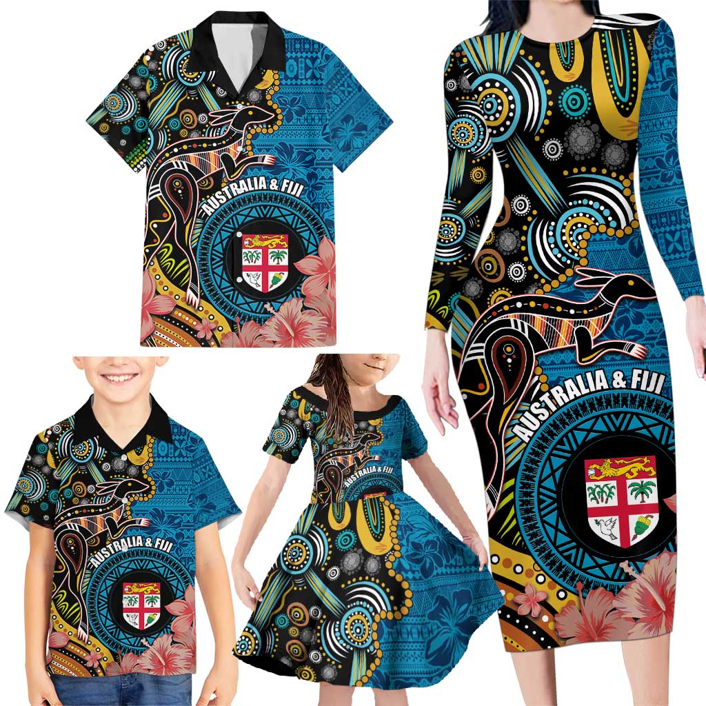 Fiji and Australia Kangaroos Family Matching Long Sleeve Bodycon Dress and Hawaiian Shirt Indigenous Aboriginal and Fijian Masi Tribal Tattoo