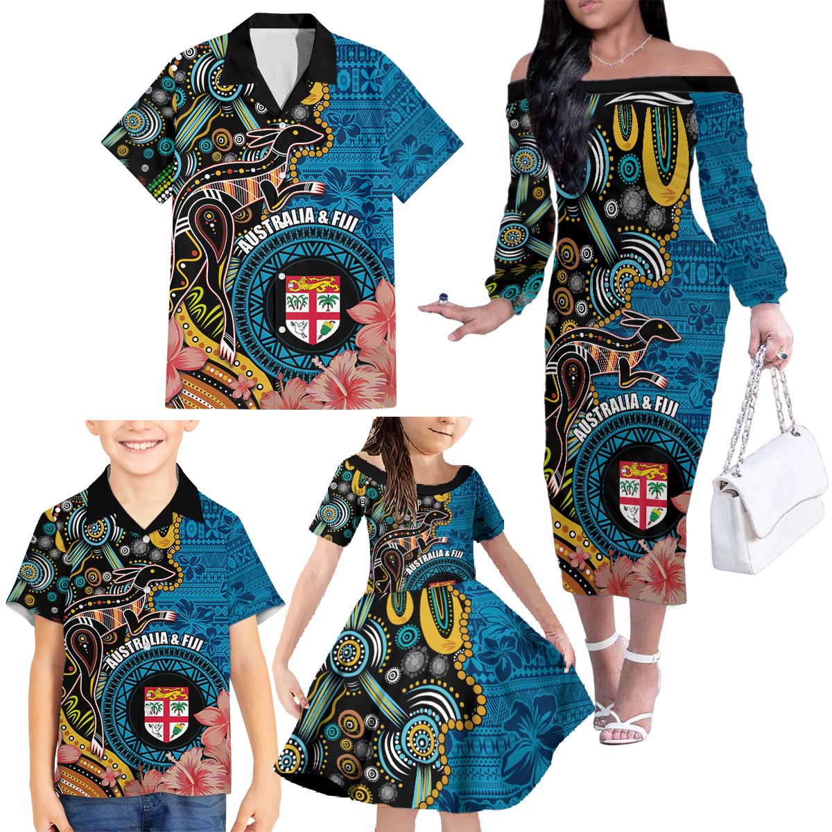 Fiji and Australia Kangaroos Family Matching Off The Shoulder Long Sleeve Dress and Hawaiian Shirt Indigenous Aboriginal and Fijian Masi Tribal Tattoo