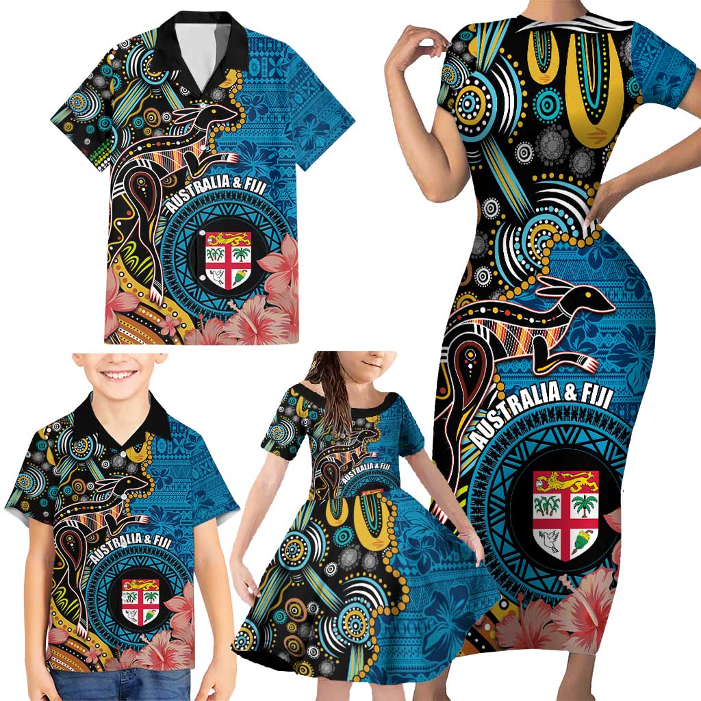 Fiji and Australia Kangaroos Family Matching Short Sleeve Bodycon Dress and Hawaiian Shirt Indigenous Aboriginal and Fijian Masi Tribal Tattoo