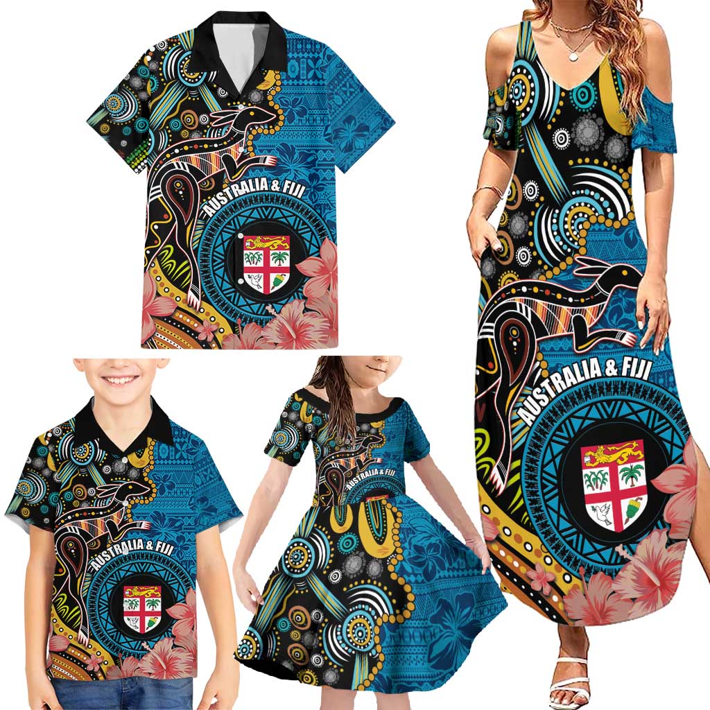 Fiji and Australia Kangaroos Family Matching Summer Maxi Dress and Hawaiian Shirt Indigenous Aboriginal and Fijian Masi Tribal Tattoo