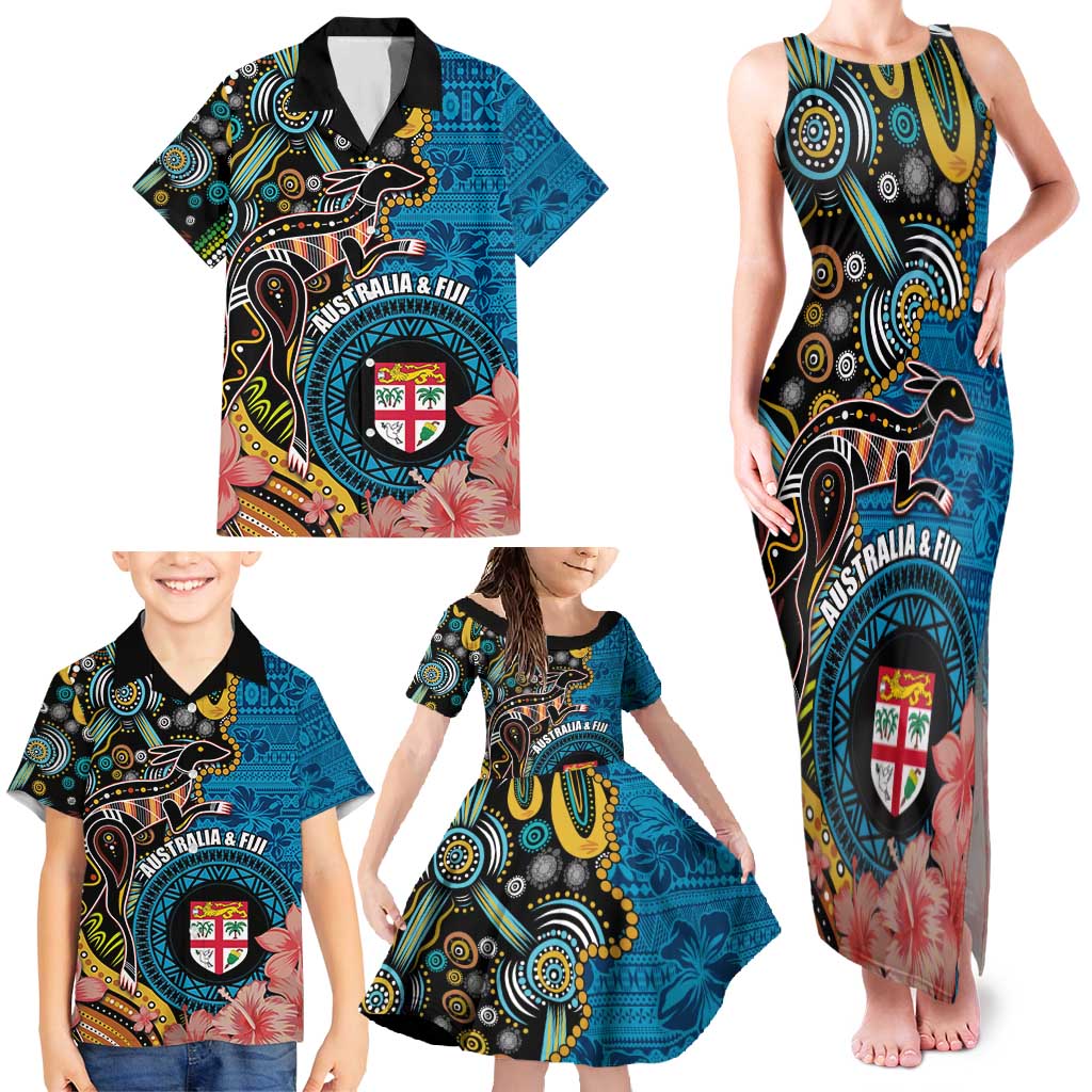 Fiji and Australia Kangaroos Family Matching Tank Maxi Dress and Hawaiian Shirt Indigenous Aboriginal and Fijian Masi Tribal Tattoo