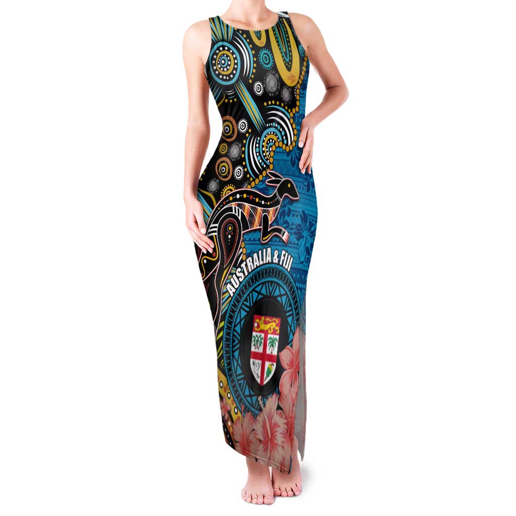 Fiji and Australia Kangaroos Family Matching Tank Maxi Dress and Hawaiian Shirt Indigenous Aboriginal and Fijian Masi Tribal Tattoo