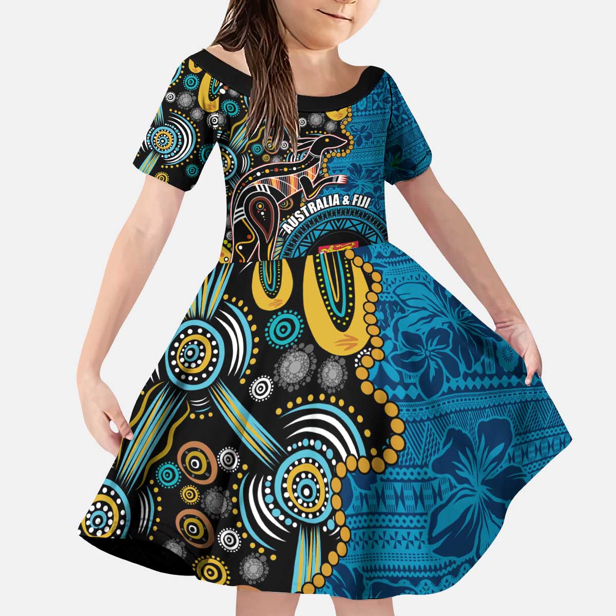 Fiji and Australia Kangaroos Kid Short Sleeve Dress Indigenous Aboriginal and Fijian Masi Tribal Tattoo