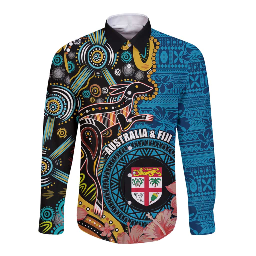 Fiji and Australia Kangaroos Long Sleeve Button Shirt Indigenous Aboriginal and Fijian Masi Tribal Tattoo