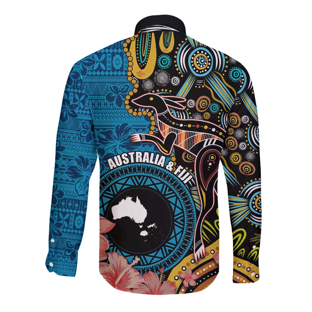 Fiji and Australia Kangaroos Long Sleeve Button Shirt Indigenous Aboriginal and Fijian Masi Tribal Tattoo