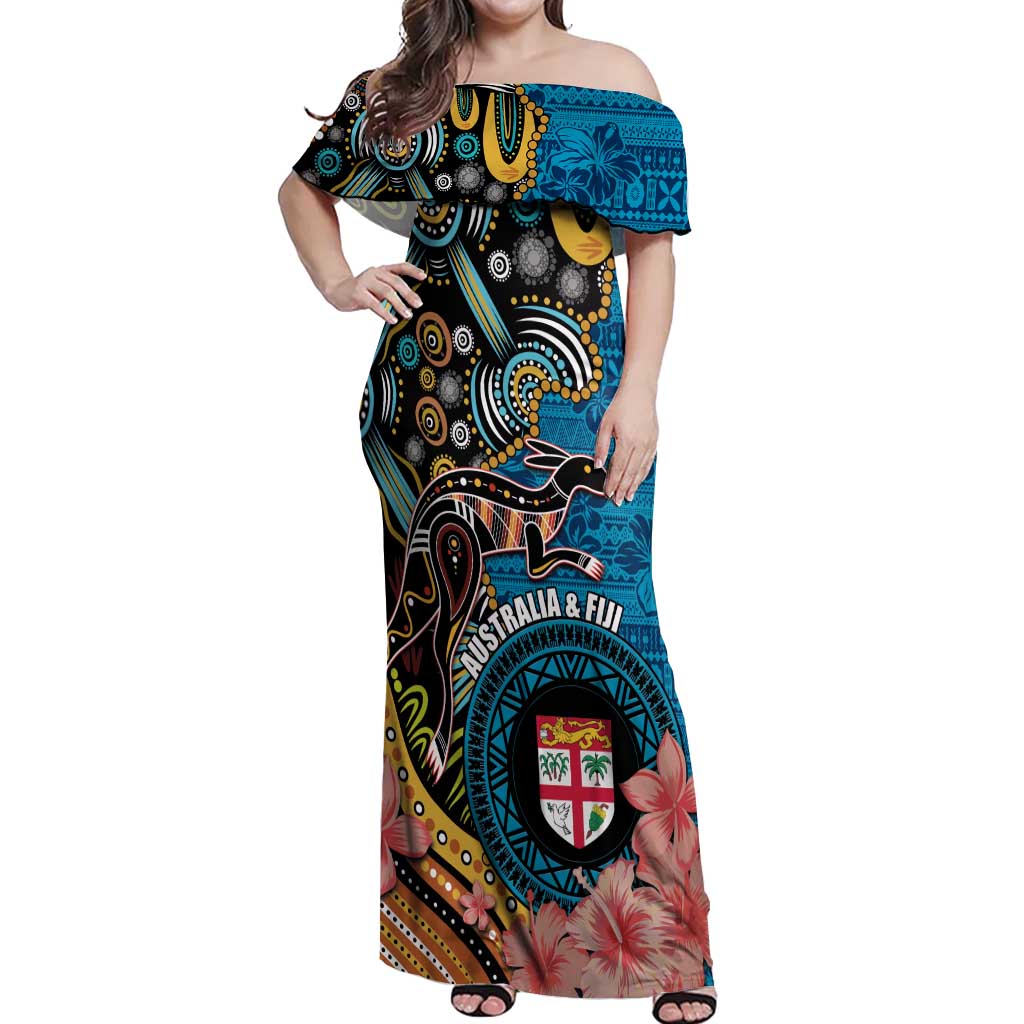 Fiji and Australia Kangaroos Off Shoulder Maxi Dress Indigenous Aboriginal and Fijian Masi Tribal Tattoo