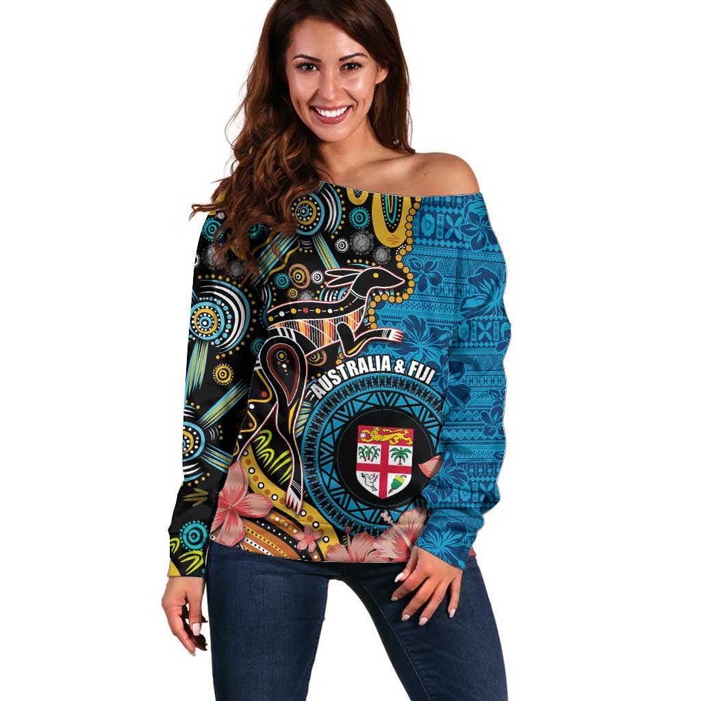 Fiji and Australia Kangaroos Off Shoulder Sweater Indigenous Aboriginal and Fijian Masi Tribal Tattoo