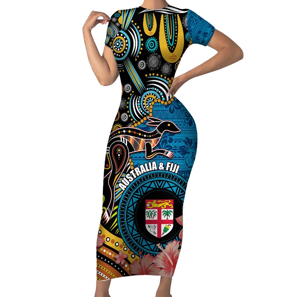 Fiji and Australia Kangaroos Short Sleeve Bodycon Dress Indigenous Aboriginal and Fijian Masi Tribal Tattoo