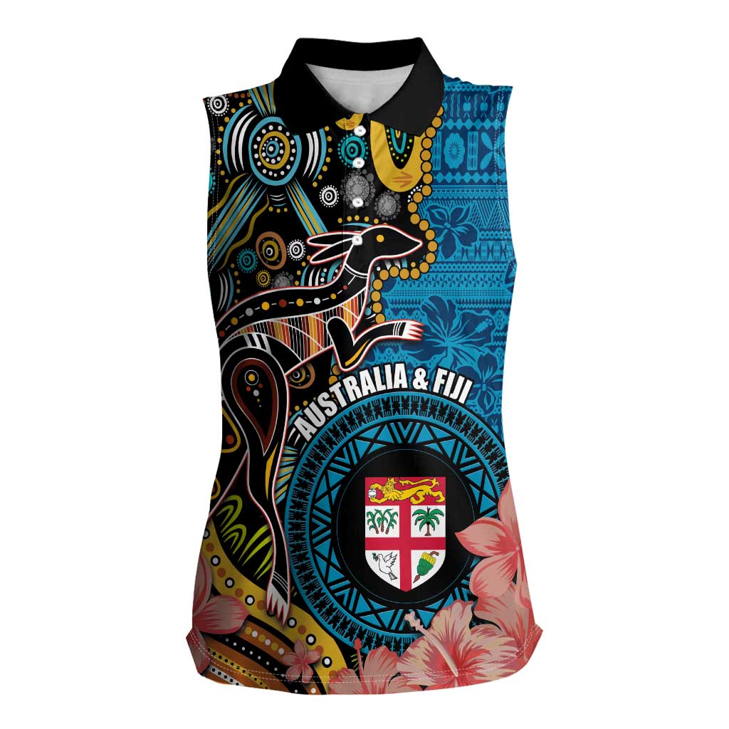 Fiji and Australia Kangaroos Women Sleeveless Polo Shirt Indigenous Aboriginal and Fijian Masi Tribal Tattoo