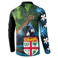Fiji and New Zealand Tui Bird Button Sweatshirt Koru Fern Leafs and Palm Tree With Plumeria