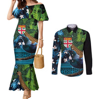 Fiji and New Zealand Tui Bird Couples Matching Mermaid Dress and Long Sleeve Button Shirt Koru Fern Leafs and Palm Tree With Plumeria