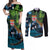 Fiji and New Zealand Tui Bird Couples Matching Off Shoulder Maxi Dress and Long Sleeve Button Shirt Koru Fern Leafs and Palm Tree With Plumeria