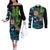 Fiji and New Zealand Tui Bird Couples Matching Off The Shoulder Long Sleeve Dress and Long Sleeve Button Shirt Koru Fern Leafs and Palm Tree With Plumeria