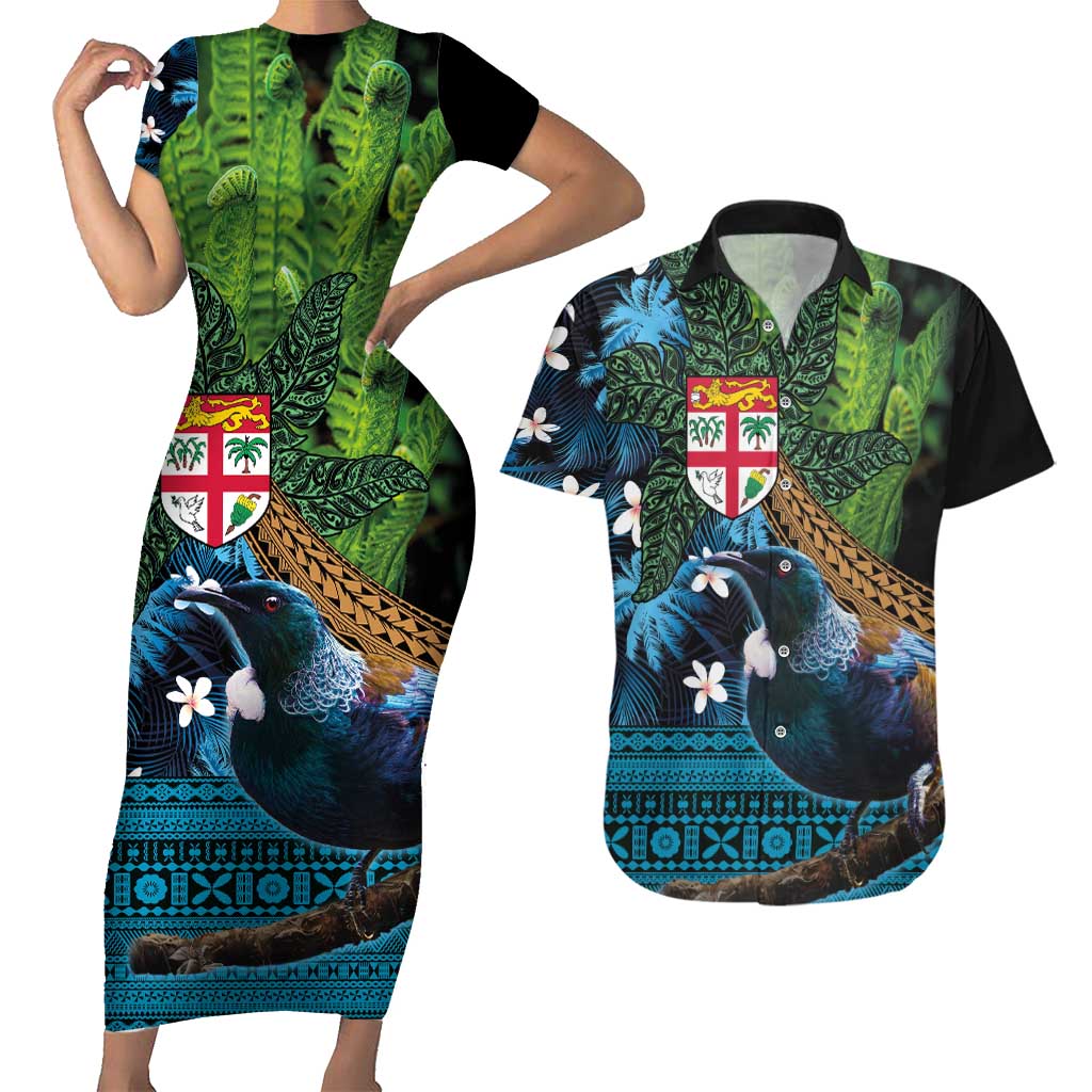 Fiji and New Zealand Tui Bird Couples Matching Short Sleeve Bodycon Dress and Hawaiian Shirt Koru Fern Leafs and Palm Tree With Plumeria