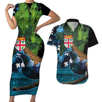 Fiji and New Zealand Tui Bird Couples Matching Short Sleeve Bodycon Dress and Hawaiian Shirt Koru Fern Leafs and Palm Tree With Plumeria