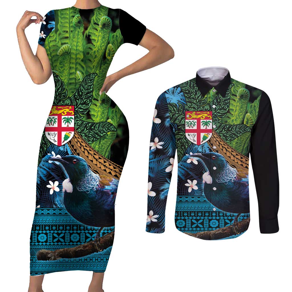 Fiji and New Zealand Tui Bird Couples Matching Short Sleeve Bodycon Dress and Long Sleeve Button Shirt Koru Fern Leafs and Palm Tree With Plumeria