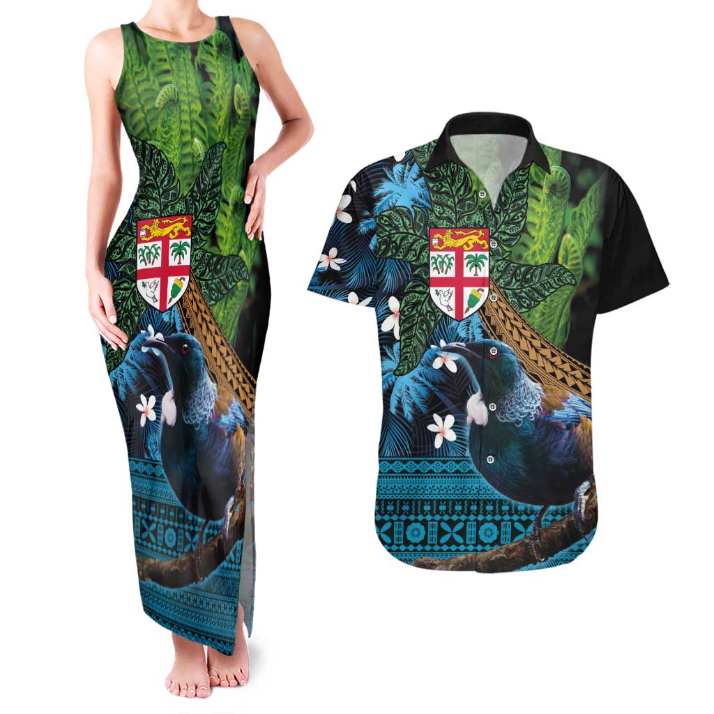 Fiji and New Zealand Tui Bird Couples Matching Tank Maxi Dress and Hawaiian Shirt Koru Fern Leafs and Palm Tree With Plumeria