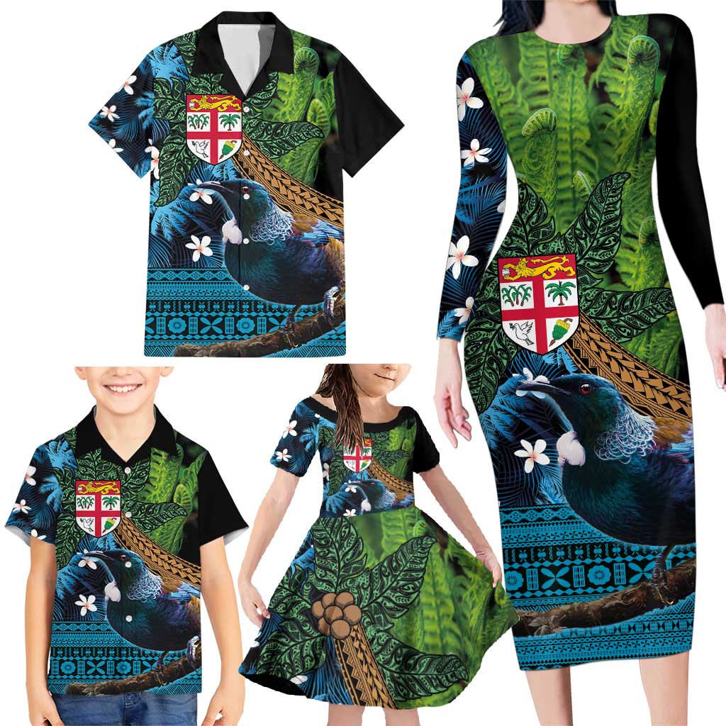 Fiji and New Zealand Tui Bird Family Matching Long Sleeve Bodycon Dress and Hawaiian Shirt Koru Fern Leafs and Palm Tree With Plumeria