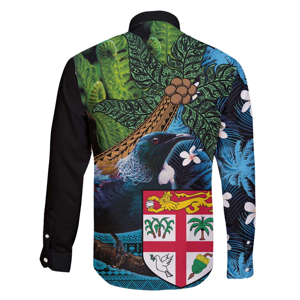 Fiji and New Zealand Tui Bird Family Matching Mermaid Dress and Hawaiian Shirt Koru Fern Leafs and Palm Tree With Plumeria