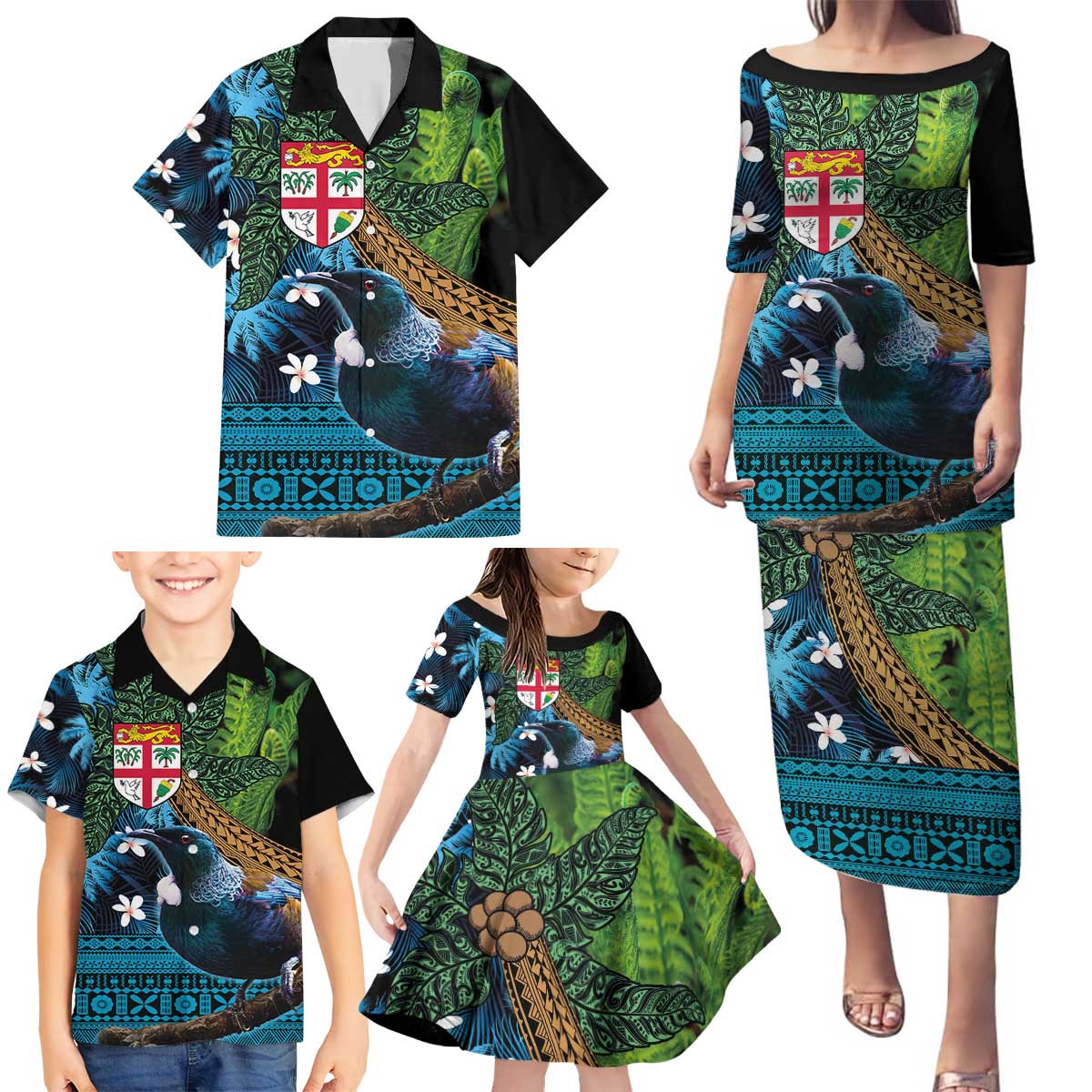 Fiji and New Zealand Tui Bird Family Matching Puletasi and Hawaiian Shirt Koru Fern Leafs and Palm Tree With Plumeria