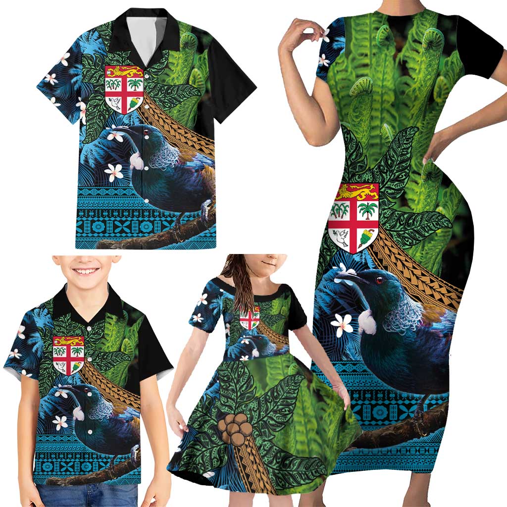 Fiji and New Zealand Tui Bird Family Matching Short Sleeve Bodycon Dress and Hawaiian Shirt Koru Fern Leafs and Palm Tree With Plumeria