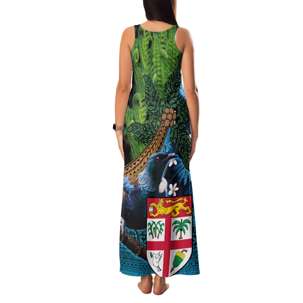 Fiji and New Zealand Tui Bird Family Matching Tank Maxi Dress and Hawaiian Shirt Koru Fern Leafs and Palm Tree With Plumeria
