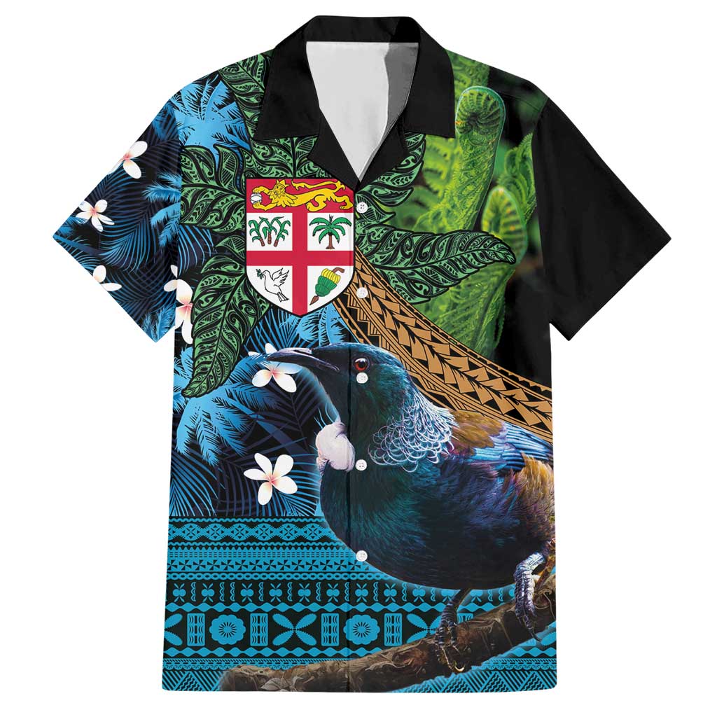 Fiji and New Zealand Tui Bird Hawaiian Shirt Koru Fern Leafs and Palm Tree With Plumeria